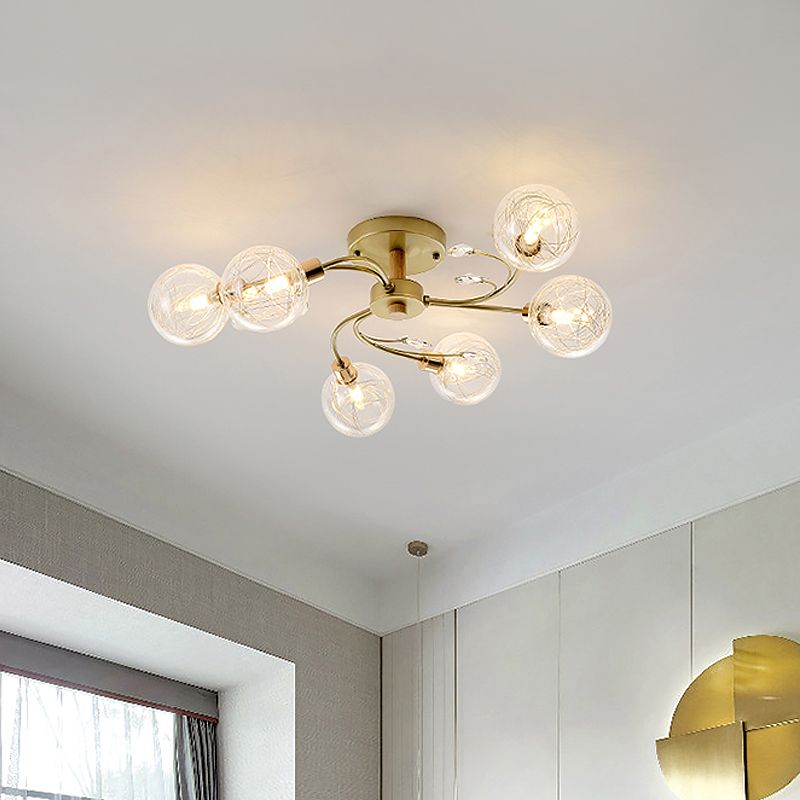 Helder glazen bol semi-inbouwlamp eigentijds 6-lichts zwart/goud dicht bij plafondverlichting