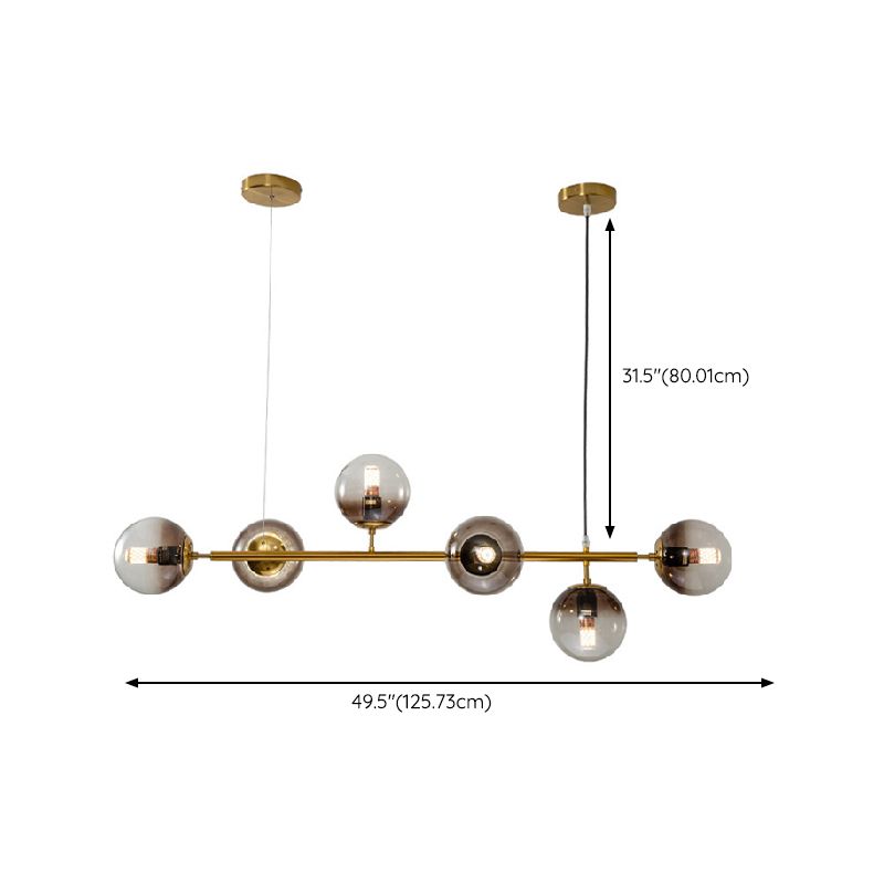 Linear 6 Light Pendant Ceiling Iron and Glass Modern Kitchen Island Light Fixture in Gold