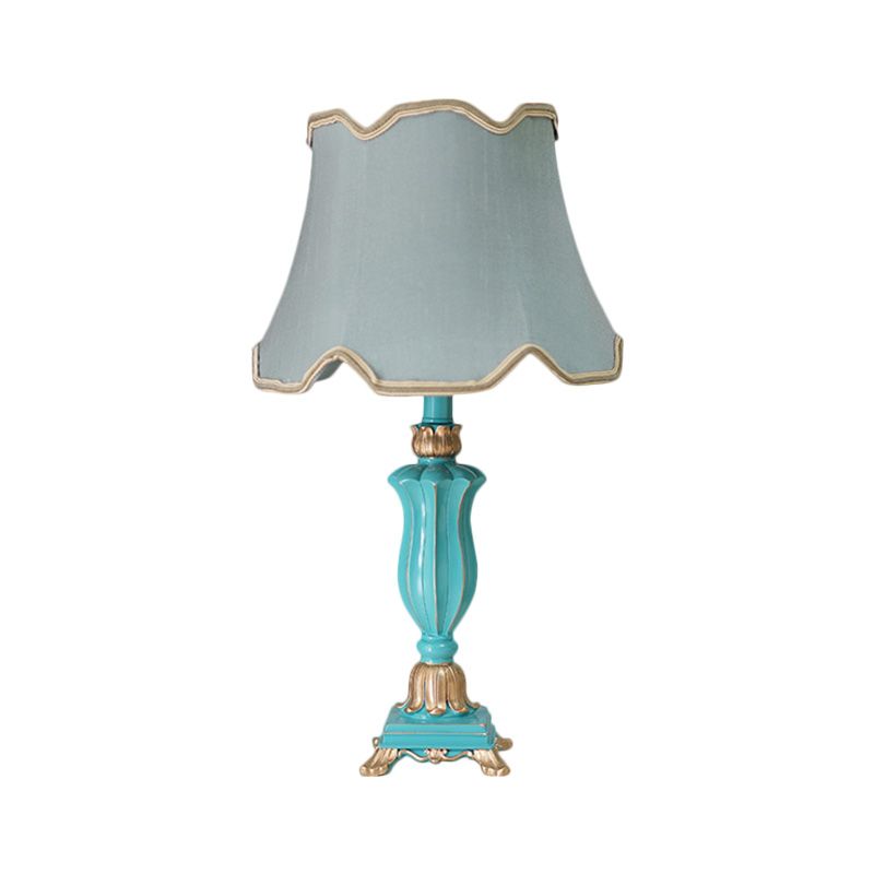 White/Blue Flared Shade Night Table Lamp Traditional Style Fabric 1-Head Bedroom Desk Light