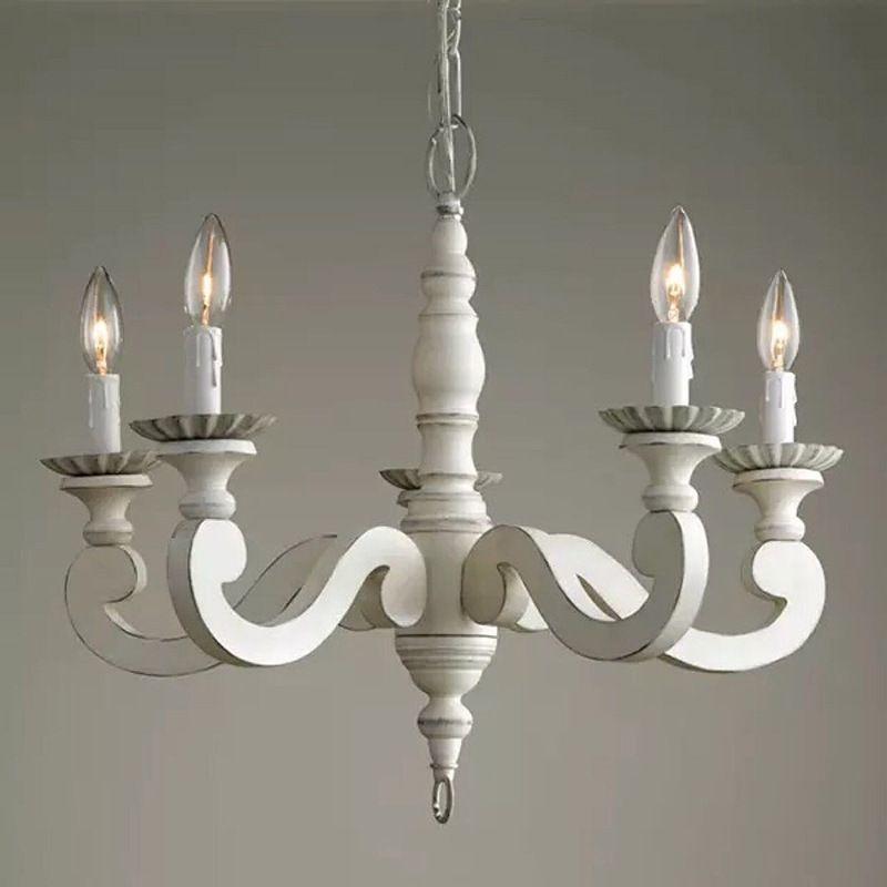 Ceiling Chandelier French Country Candle Wooden Pendant Lighting in White