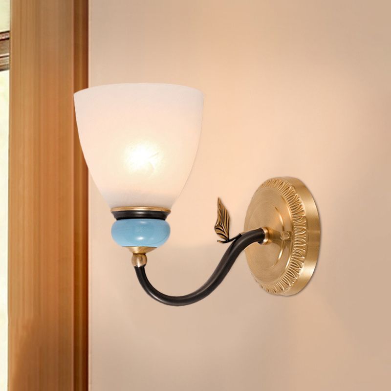 1 Bulb White Glass Wall Lamp Traditional Black and Gold Cone Corner Up Wall Light Fixture