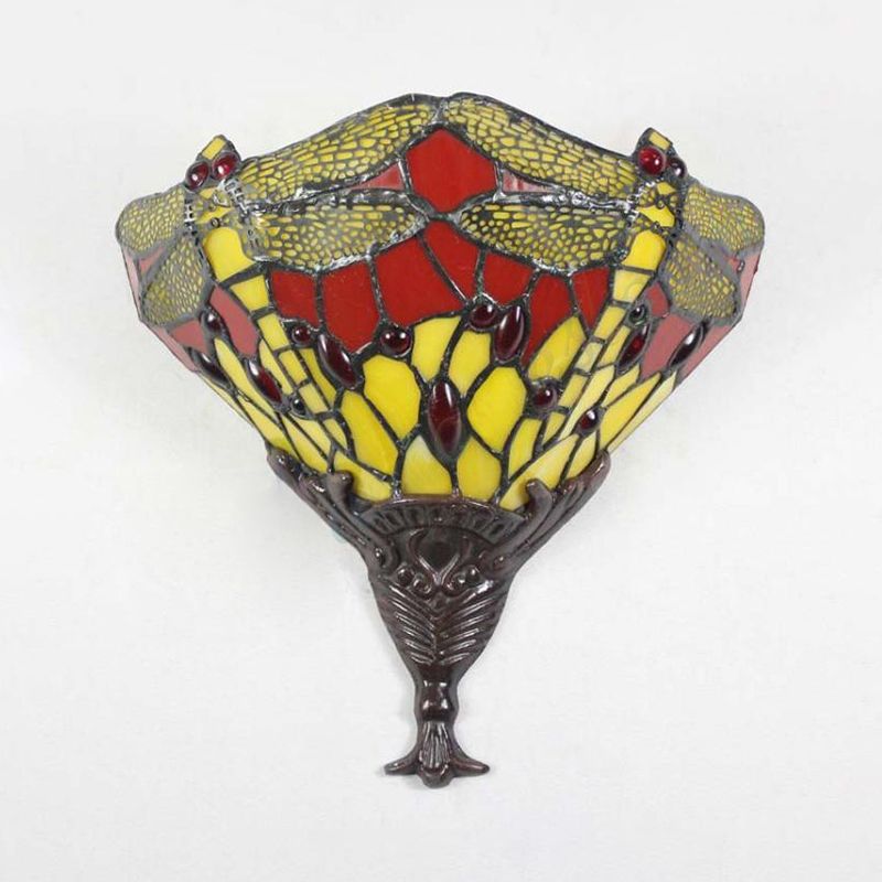 Multicolored Dragonfly Wall Lighting Lodge Stained Glass 1 Light Sconce Lamp for Bedroom