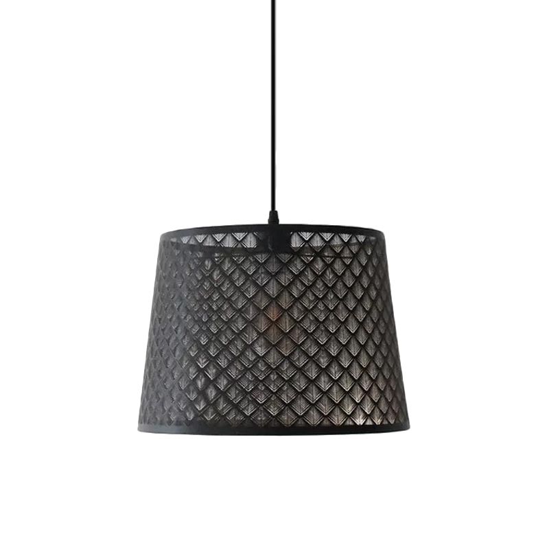 Black 1 Head Hanging Pendant Rustic Metal Wire Cage/Etched Tree Patterned Drum Shade Drop Lamp for Dining Room