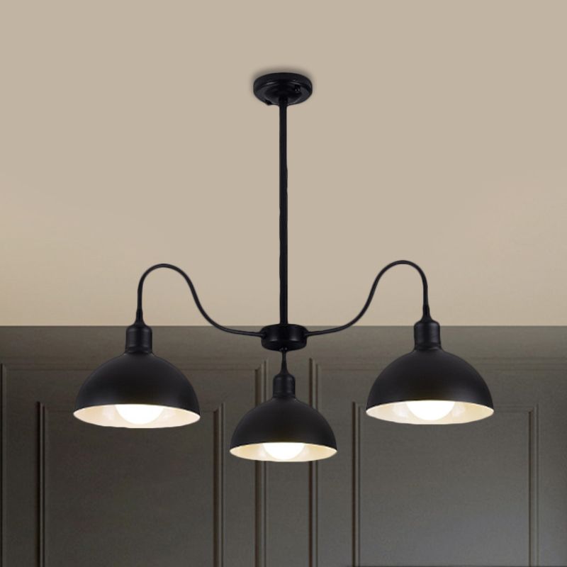 Black Finish 3 Heads Chandelier Pendant Retro Style Metal Dome Shade Hanging Light with Gooseneck Arm for Dining Room