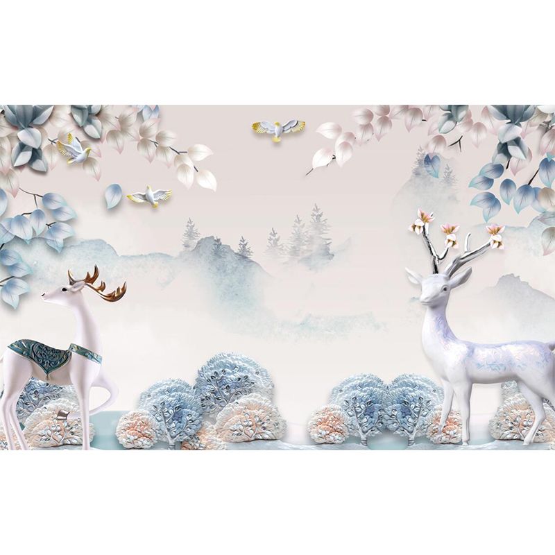 Misty Landscape Deers Wall Mural Decal Nordic Non-Woven Fabric Wall Art in Yellow-Blue