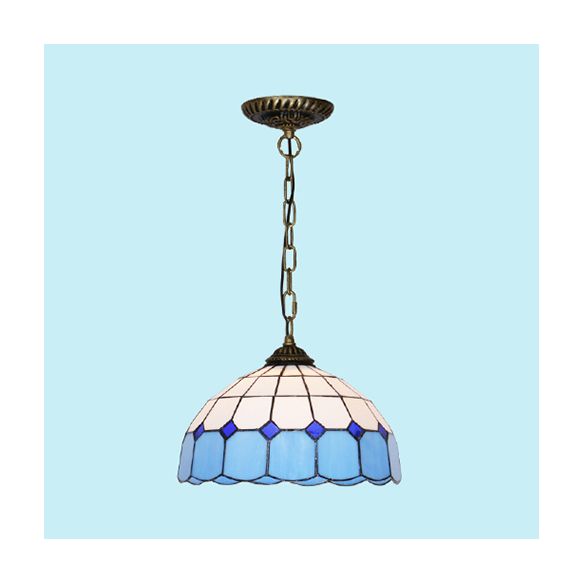 Mediterranean Dome Hanging Light Stained Art Glass 1 Bulb Pendant Light Fixture in White/Blue/Bronze