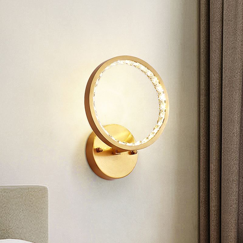 LED Annular Wall Mounted Light Modern Gold Clear Crystal Beads Wall Sconce for Bedroom