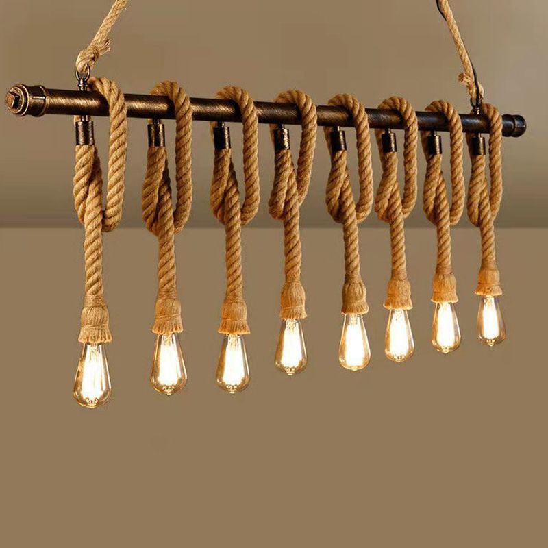 Linear Bar Island Light Fixture Industrial Hemp Rope Bronze Finish Suspension Light