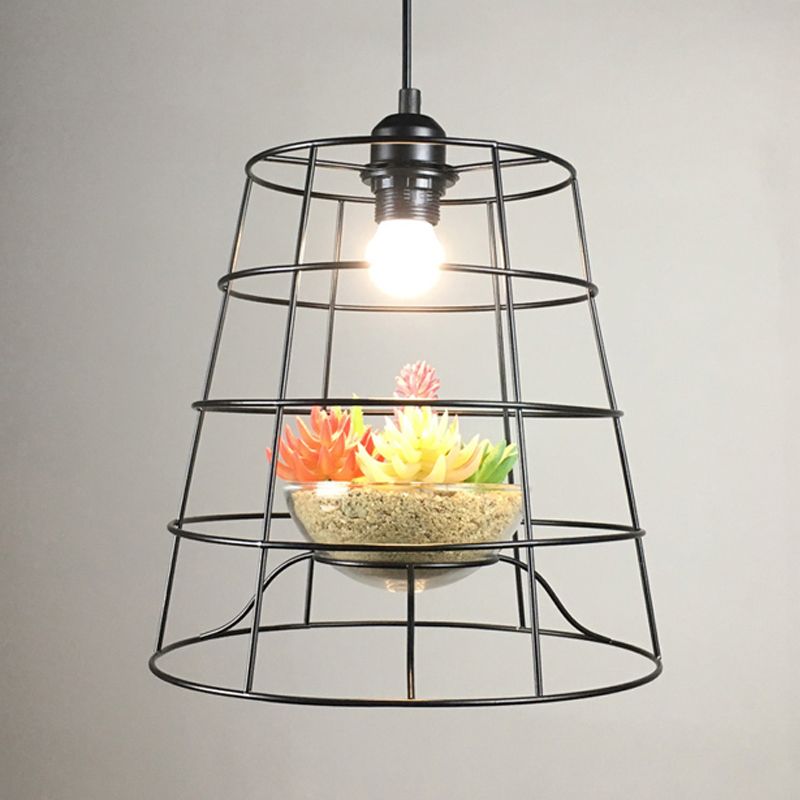 1 illuminazione a sospensione a sospensione Light Antiquad Cage Apmezione metallica in nero con vite/succulente artificiale