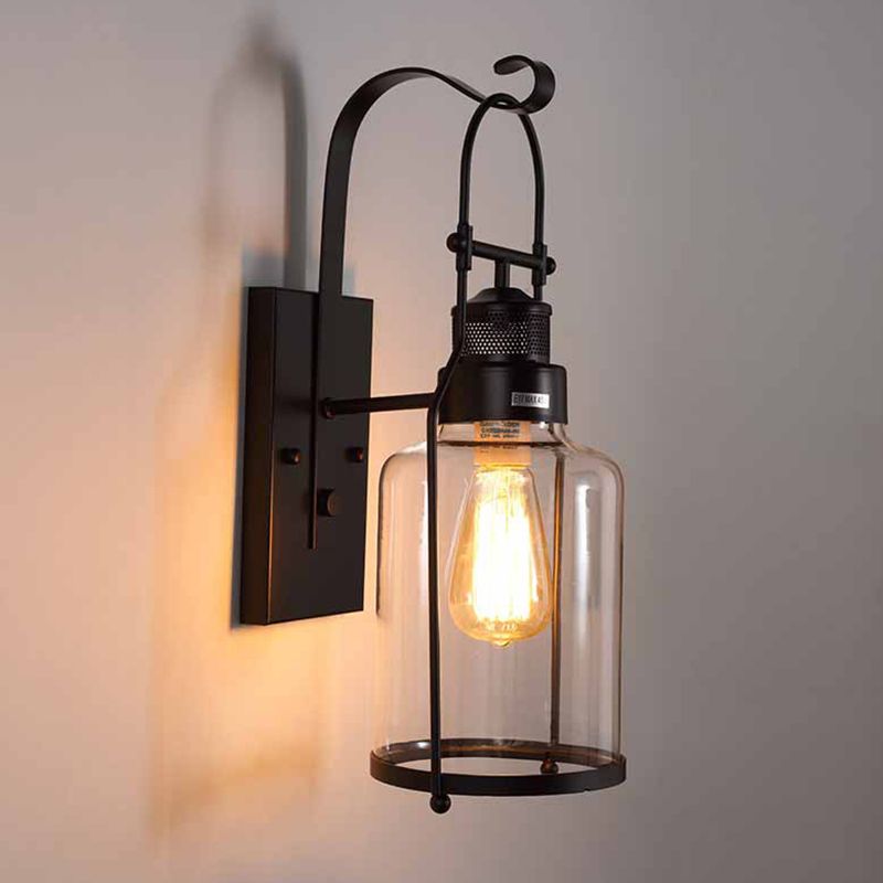 Industrial Vintage Single Wall Light Wrought Iron Indoor Wall Lamp with Clear Glass Shade