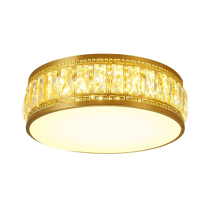 Gold Finish Drum Flush Mount Lamp Modern Clear Rectangular-Cut Crystals LED Bedchamber Light Fixture, 19.5"/23.5" Width