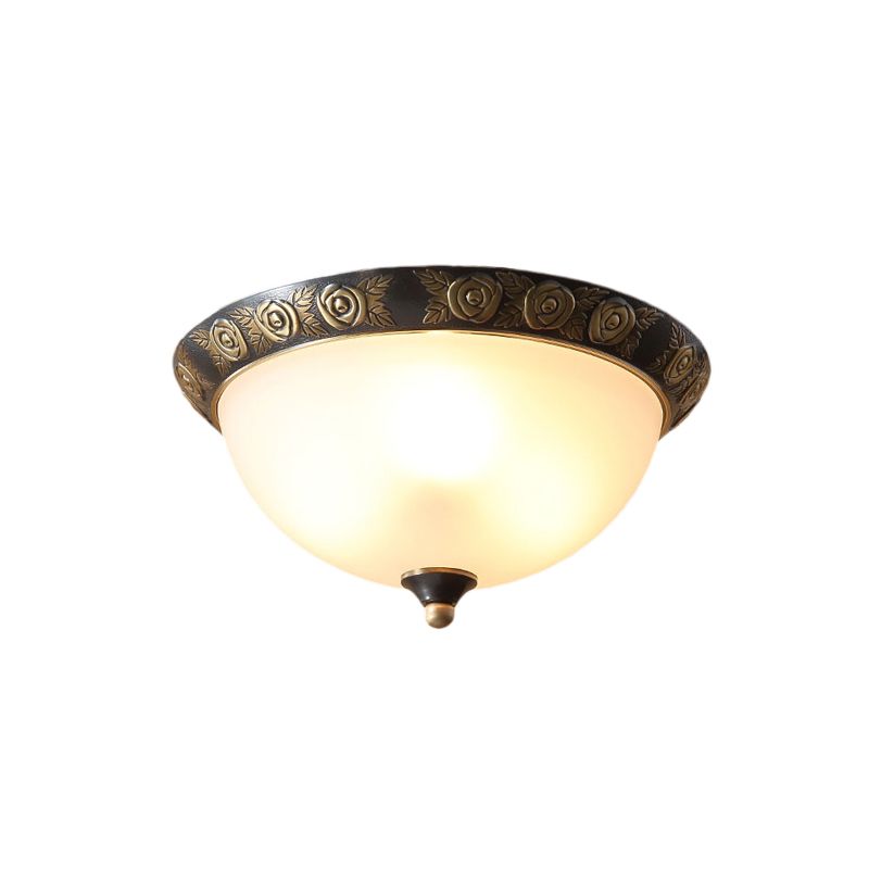 Milk Glass Black Ceiling Lamp Dome Shade 3-Head Traditional Flush Mount with Leaf/Flower Trim