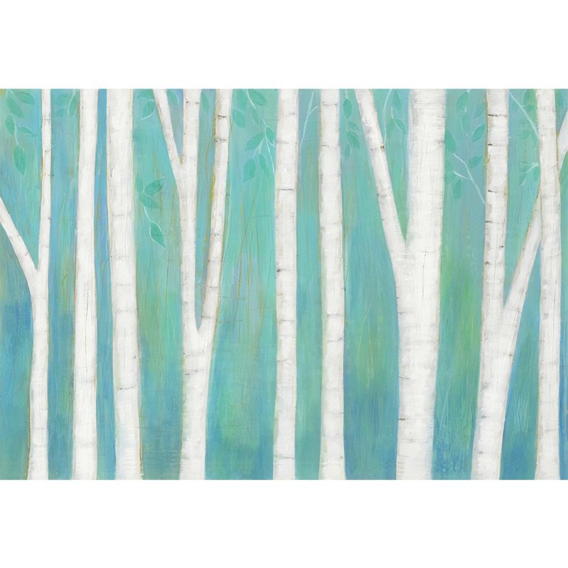Contemporary Wall Art Green and Blue Birch Tree Mural Wallpaper, Personalized Size Available