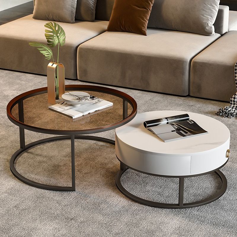 Round Brown Glass Coffee Table with Drawers Frame  2 Nesting Cocktail Table