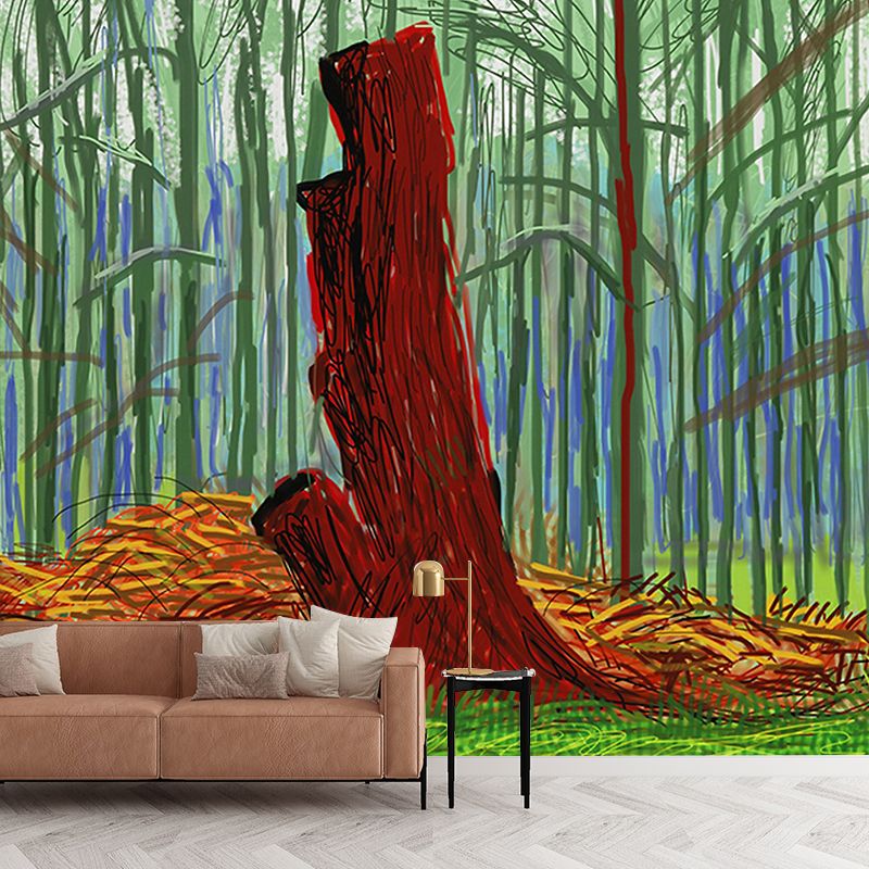 Illustration Wood Trunk Mural Decal for Home Gallery, Orange-Green, Customized Size