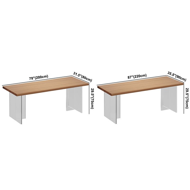 Minimalist Khaki Solid Wood Dining Table Rectangle Shape Dining Table with Double Pedestal Bases