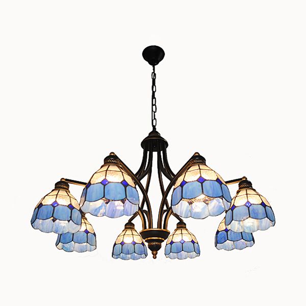 Lustre en verre bleu en verre semi avec chaîne métallique 6/8 lumières