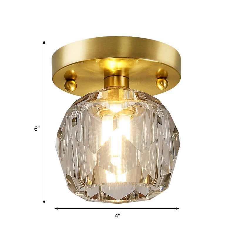 Faceted Crystal Globe Shade Semi Flush Mount Modern 1 Light Brass Ceiling Mounted Light