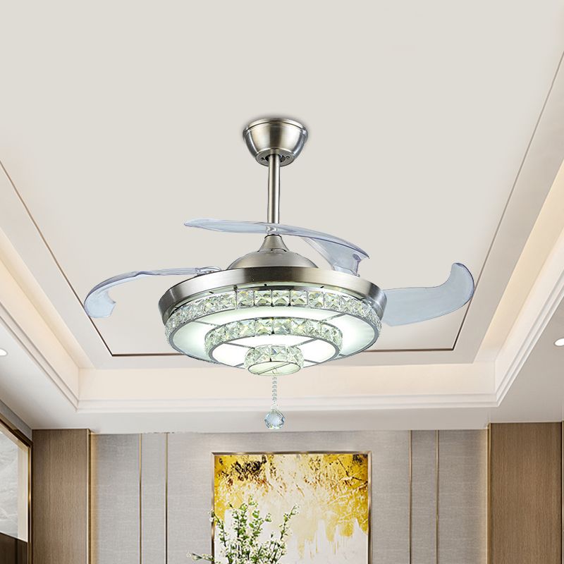 LED-gelaagde ronde plafondventilator licht Hedendaagse nikkelkristallen 4-blade semi-flush mount, 19 "breed