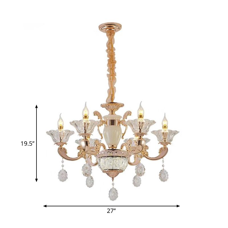6/8 Bulbes Éclairage de suspension traditionnelle Fleur Clear Crystal Shade Chandelier avec bras sinueux en or
