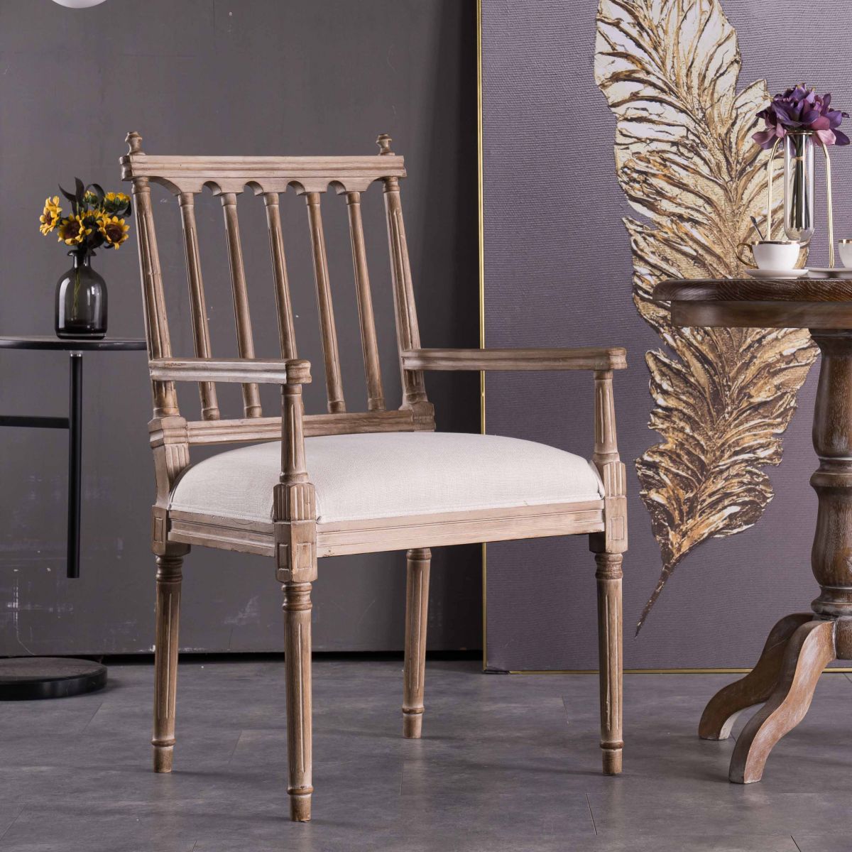 Traditional Study Room Leather Arm Chair Walnut Slat Back Dining Chair
