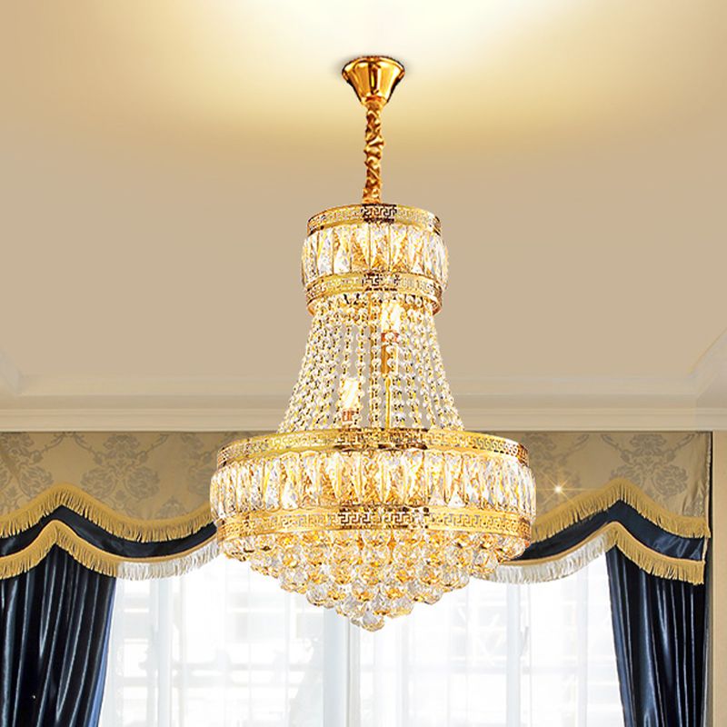 Crystal Basket Shaped Chandelier Vintage 8-Bulb Parlor Hanging Ceiling Light in Gold