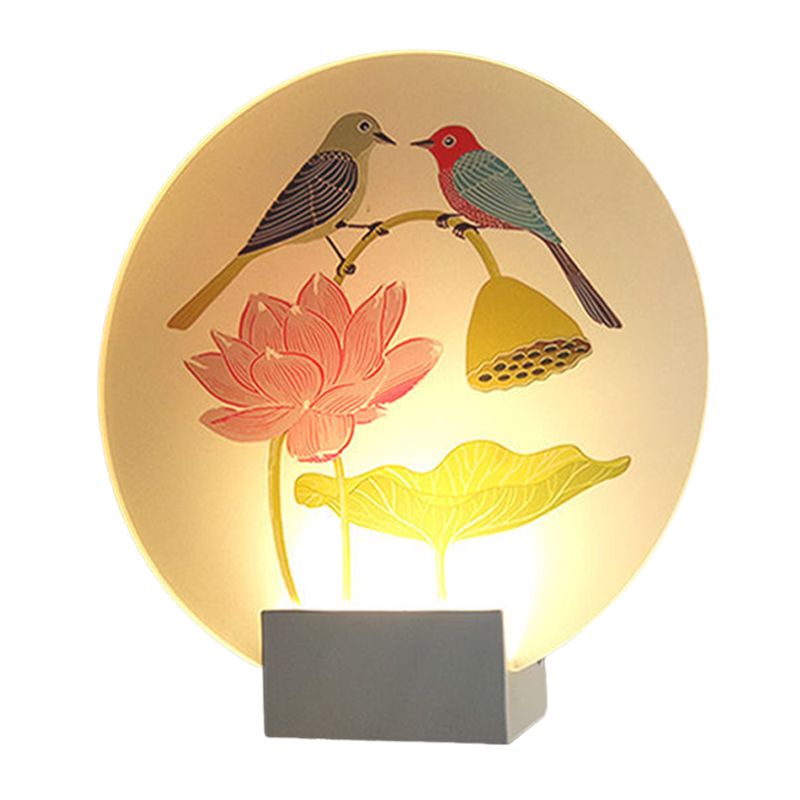 Asia Lovebird and Lotus Mural Lamp Acrylic Bedroom LED Wall Mounted Lighting in White