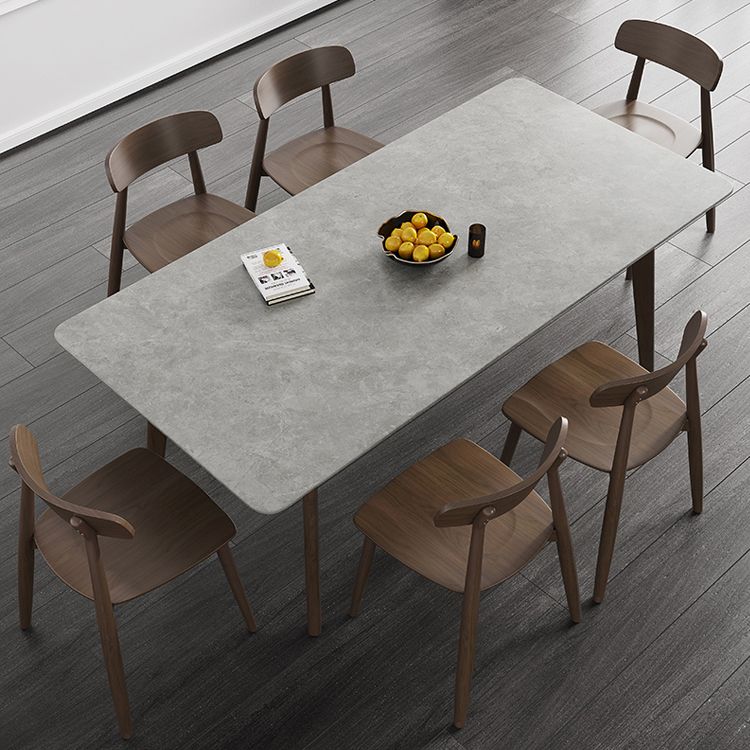 Mesa de comedor moderna de mediados de siglo, mesa de comedor rectangular de piedra sinterizada con base de madera