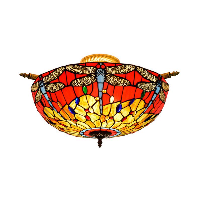 5 Lichter Dragonfly Deckenbeleuchtung Tiffany Messing Buntglas Halbflush Mount Light, 21,5 "/25,5" W.