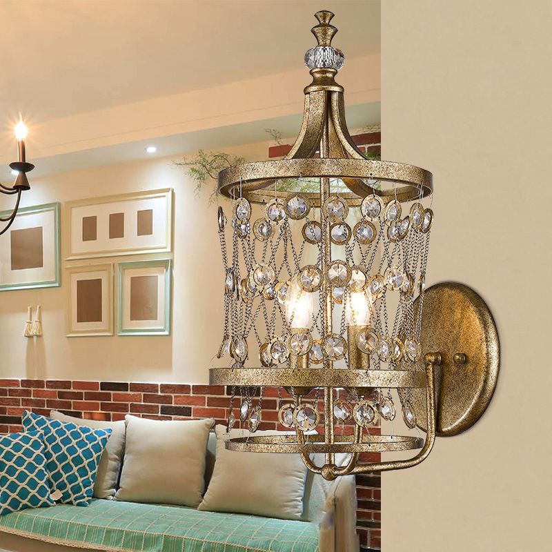 2 Lights Cascading Sconce Lamp Country Style Brass Crystal Wall Mounted Light for Bedroom
