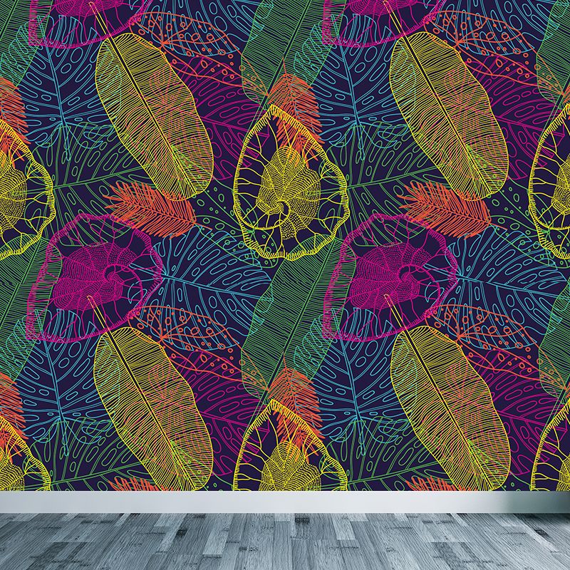 Botanical Leaf Printed Wallpaper Mural Contemporary Non-Woven Wall Art in Dark Color