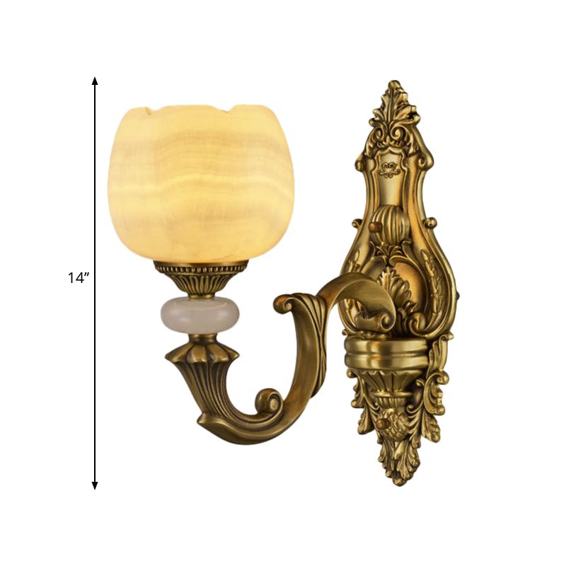 1-Head Flower Wall Mount Lighting Rustic Brass Finish Marble Wall Sconce with Arched Arm