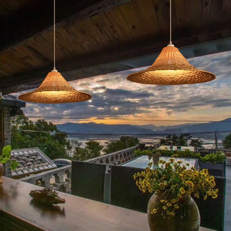Straw Hat Ceiling Light Asian Style Bamboo 1 Bulb Restaurant Hanging Light Fixture in Wood