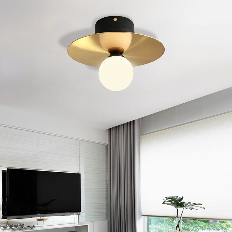 Milk Glass Globe Light Fixture Ceiling with Golden Disk Contemporary 1 Bulb Ceiling Light for Living Room