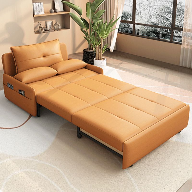 Modern Sofa Bed, Orange Faux Leather Futon and Mattress with Storage