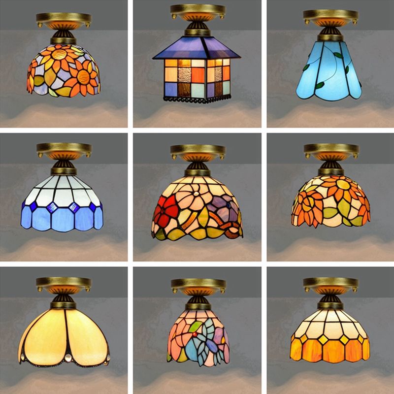 Shaded Flush Mount Light Tiffany Single-Bulb Stained Art Glass Semi Flush Ceiling Light
