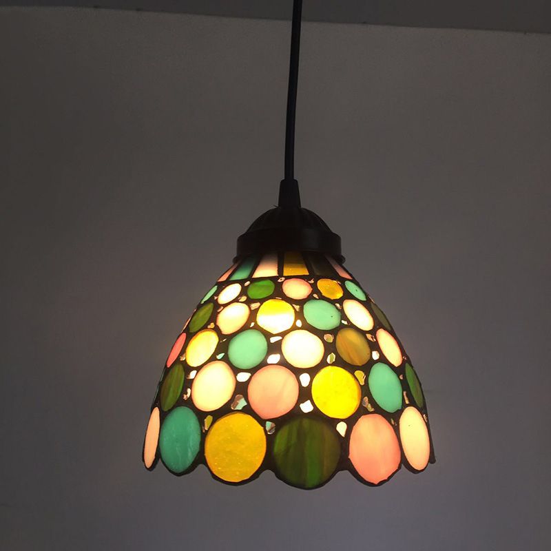 Brass Bell Shade Pendant Light Fixture Baroque 1-Light Handcrafted Stained Glass Drop Lamp