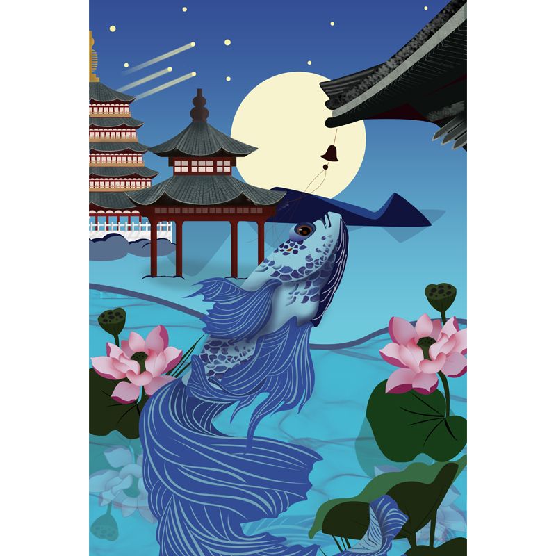 Chinoiserie Moon Night Pavilion Mural Blue Carp and Lotus Pond Wall Covering for Bedroom