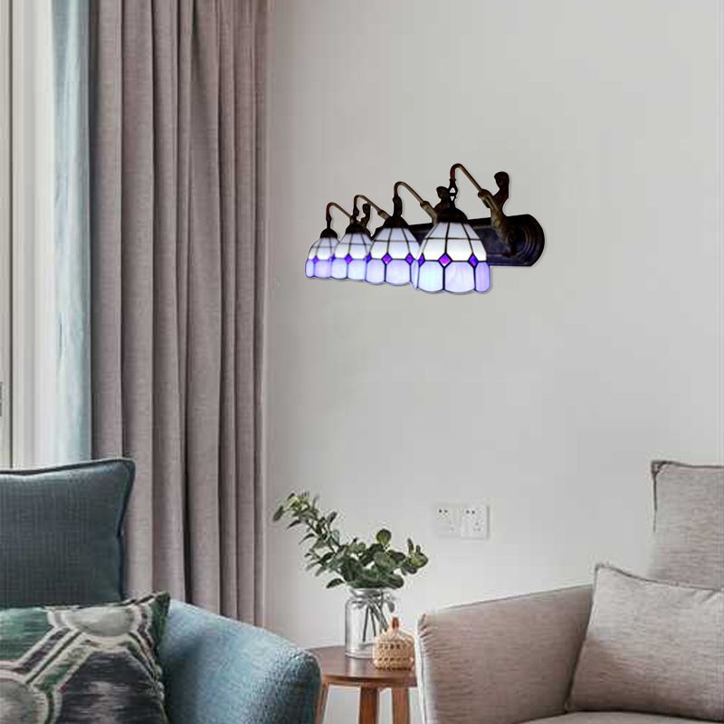 Mediterranean Grid Patterned Sconce Light 4 Heads Blue Glass Wall Mounted Light Fixture