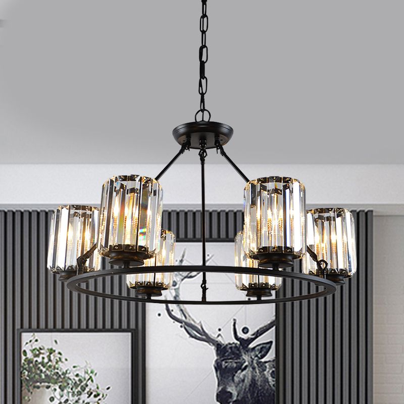 Contemporary Ring Ceiling Chandelier 6/8 Bulbs Clear Crystal Cylinder Shade Suspension Lamp in Black