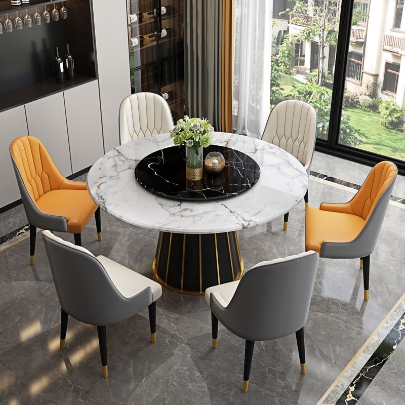 Round Stone Dining Table Modern Convertible Furniture with Pedestal Base