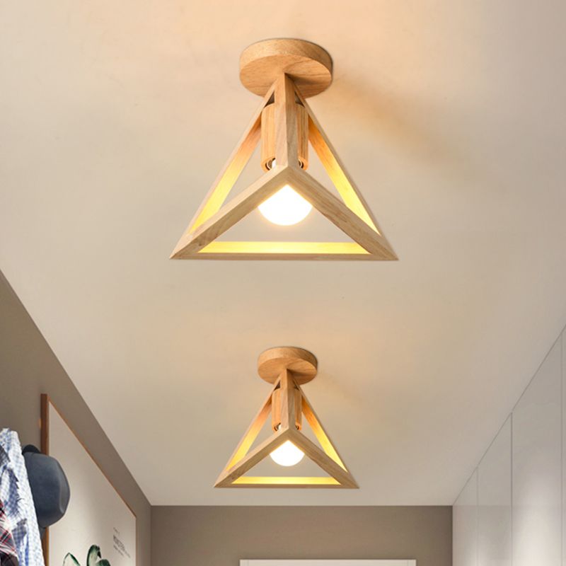 1-Light Foyer Semi Mount Lighting Minimalist Beige Ceiling Flush Light with Pyramid Wood Cage