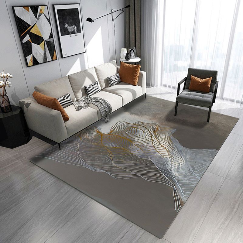 Simple Modern Rug in Grey and Brown Abstract Curved Line Pattern Rug Polyester Washable Carpet for Home Decoration