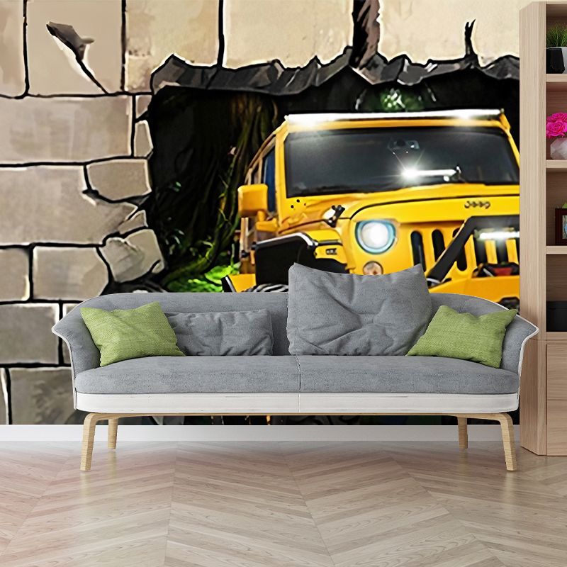 Yellow 3D Print Car Mural Wallpaper Stain-Resistant Wall Covering for Coffee Shop