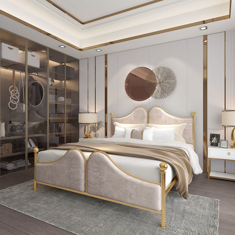 Glam Standard Bed with Upholstered Headboard in Iron Frame Bed