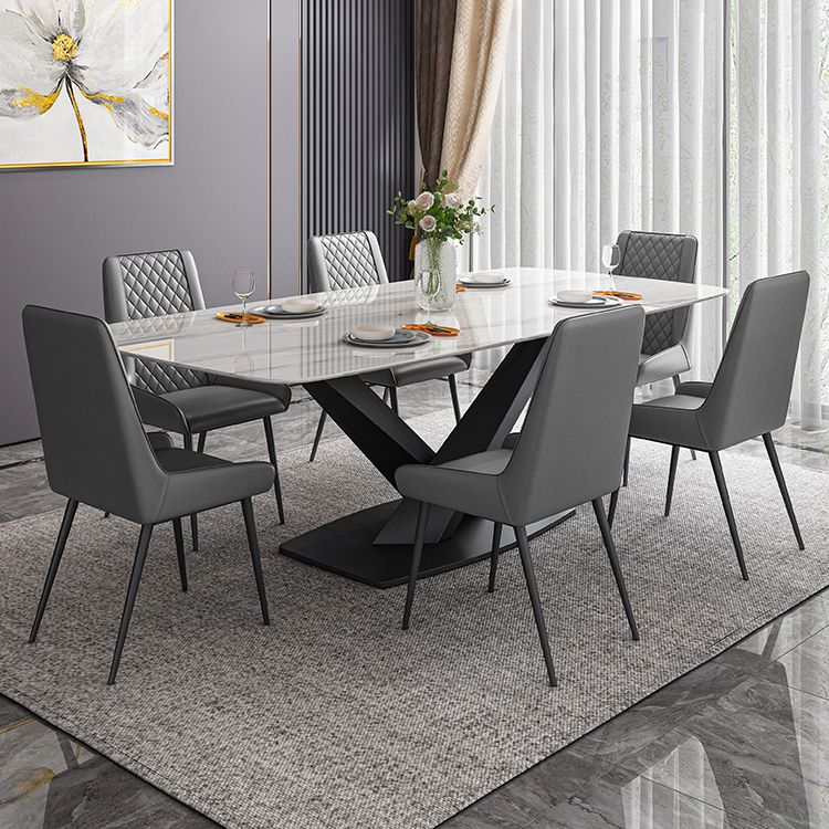 Traditional Luxury Rectangle Dining Table White Sintered Stone Table with Black Pedestal Base