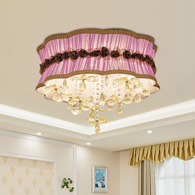 Coffee/Pink 6-Bulb Flushmount Light Nordic Faceted Crystal Final Flower Pattern Close to Ceiling Lighting with Sheer Fabric Shade