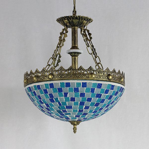 Modern Mosaic Bowl Suspension Light Stained Glass Pendant Lamp in Antique Brass for Library