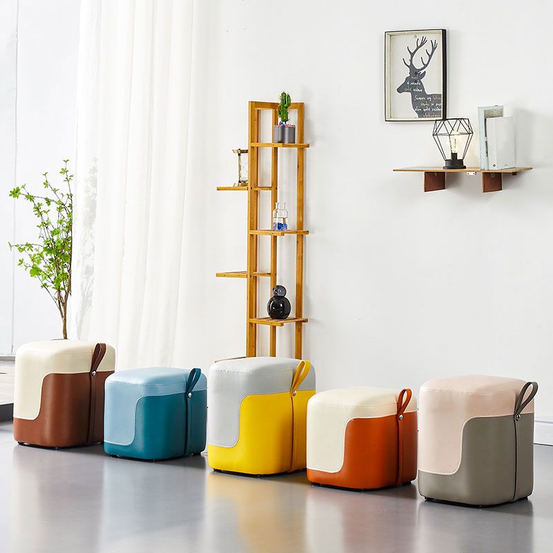 Modern Square Pouf Fade Resistant Contrast Color Faux Leather Pouf Ottoman