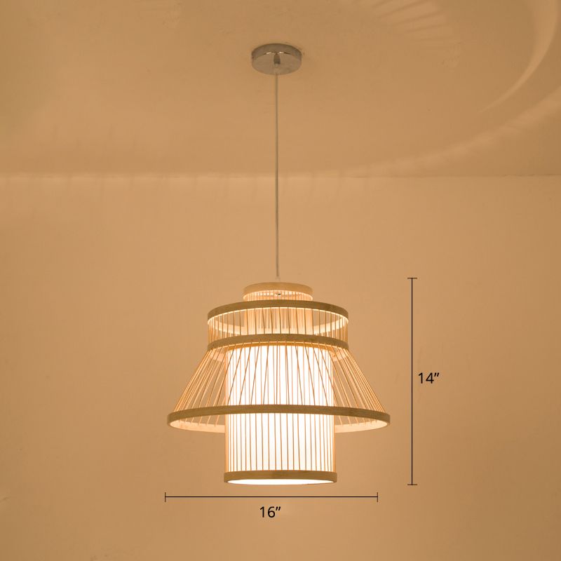 Tiered Suspension Lighting Minimalist Bamboo 1 Head Restaurant Pendant Ceiling Light in Wood